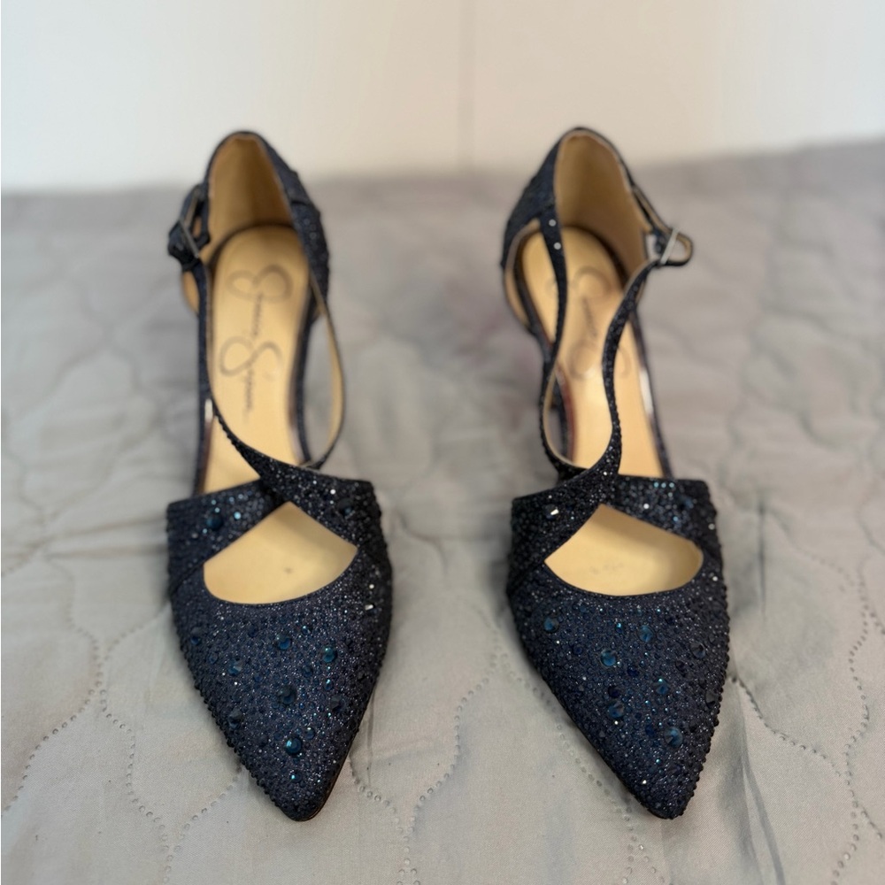 Jessica Simpson Navy Blue Sparkle Pointed-Toe Ankle-Strap Heels